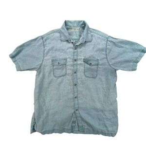 Y2k Caribbean Mens XL Blue Linen‎ Short Sleeve Button Up Camp Shirt